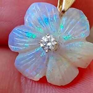 18k Opal Flower Pendant with Diamond Center